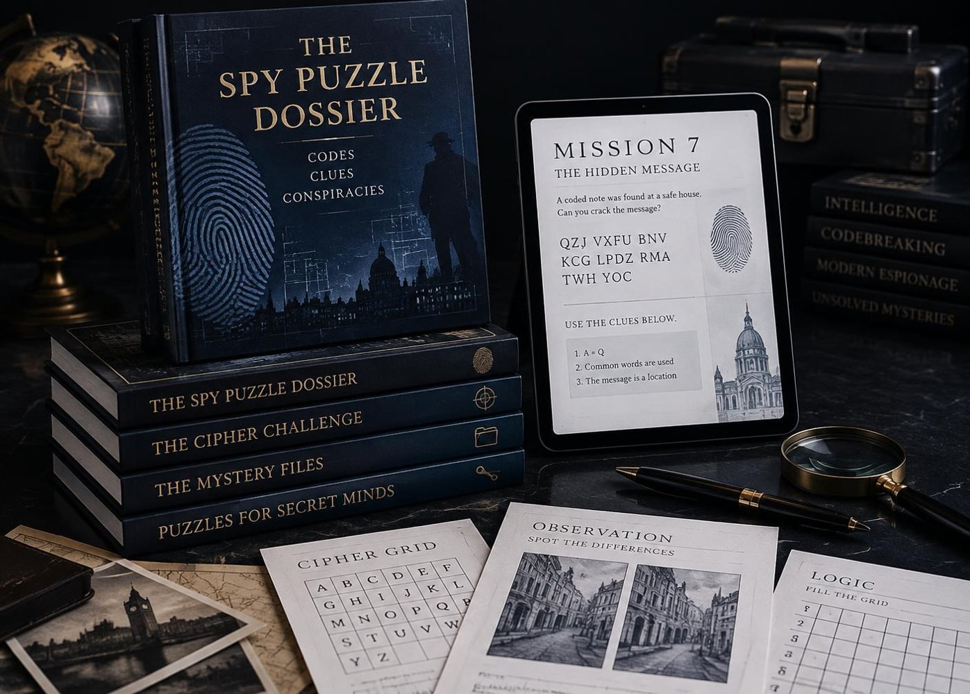 Illustrative stack of finished spy puzzle books and digital PDF preview